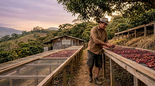 Coffee farmer checking drying coffee cherries