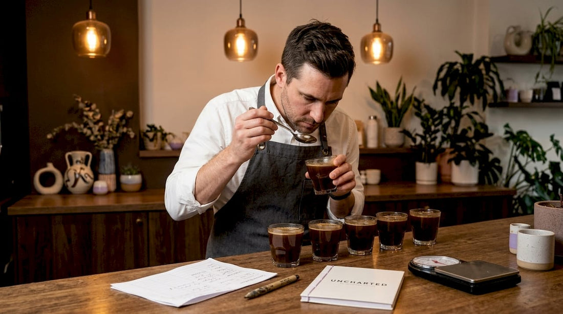 Q-grader evaluating coffee cups in lab