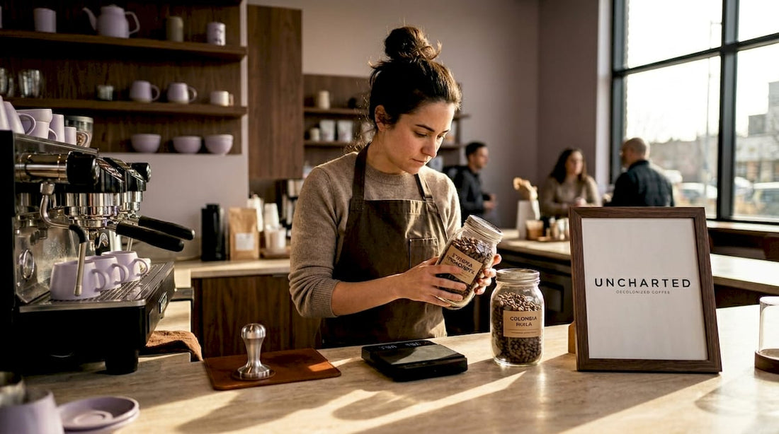 Barista comparing two jars of coffee beans