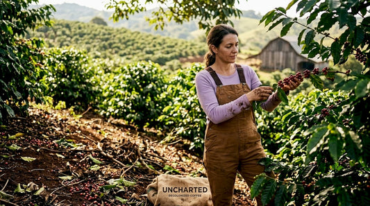 Farmer inspecting ripe coffee cherries outdoors