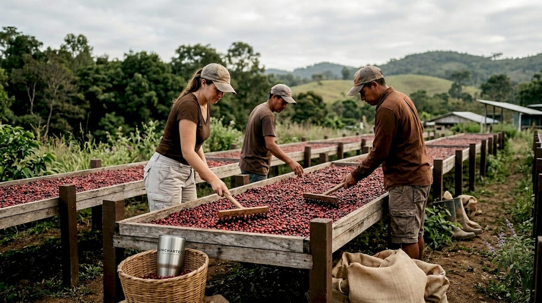 Workers tending coffee cherries on drying beds