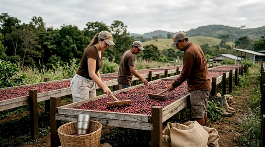 Workers tending coffee cherries on drying beds