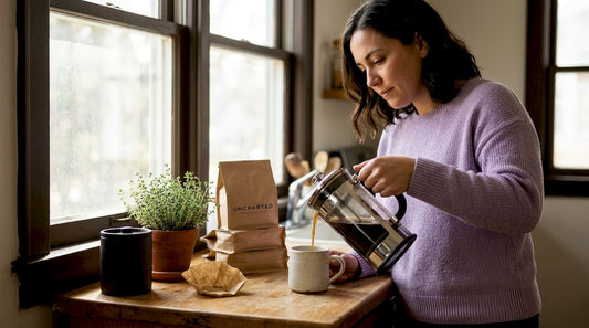 Woman pours filtered coffee in morning kitchen