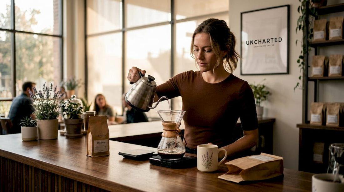 Woman brewing coffee at home kitchen counter