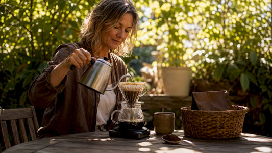 Woman brewing regenerative organic coffee at kitchen table